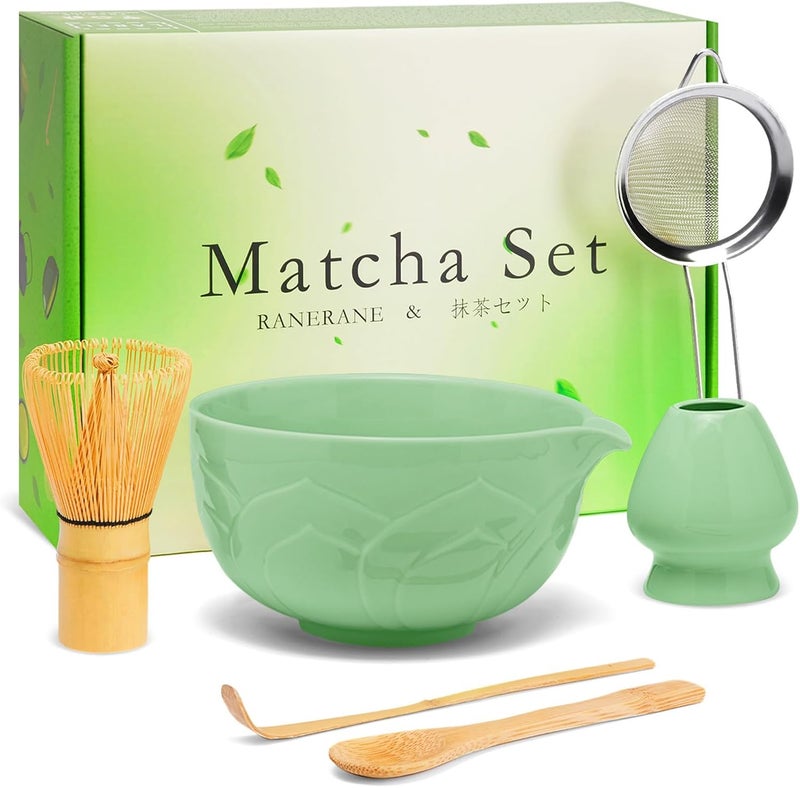 RANERANE Matcha Whisk Set, Lotus Cyan Ceramic Matcha Set Includes Matcha Bowl, Matcha Whisk (Chasen) and Holder, Sifter, Bamboo Scoop & Spoon - 6 Pcs Matcha Kit for Matcha Lovers - Image 1